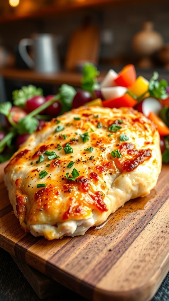 Crispy air fryer bone-in chicken breast garnished with herbs on a cutting board next to a fresh salad.
